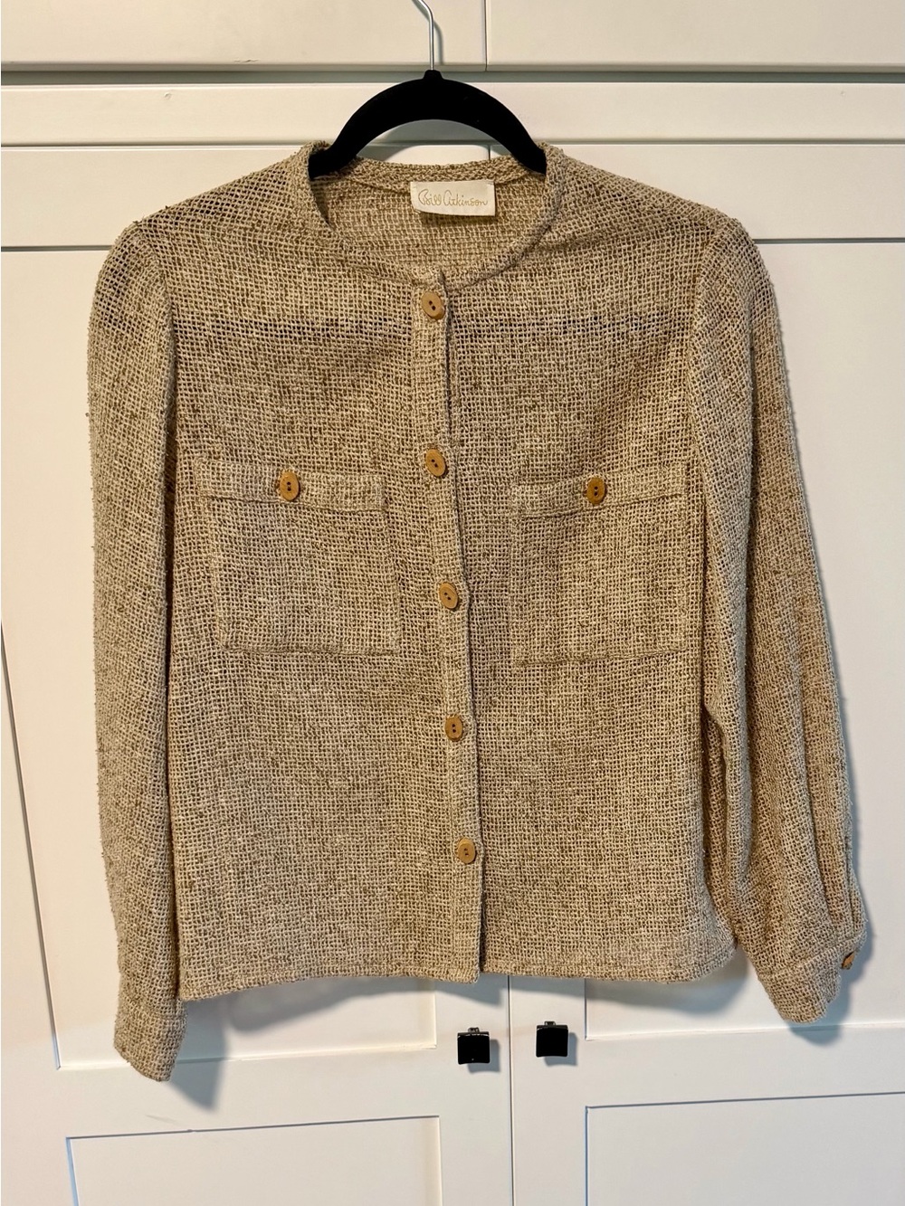 Vintage 80’s Bill Atkinson Lightweight Open-Knit Beige Collarless Top Wool Blend